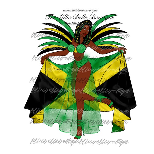 Jamaica Flag Caribbean Carnival African American Woman PNG Sublimation Print Then Cut Cricut Silhouette