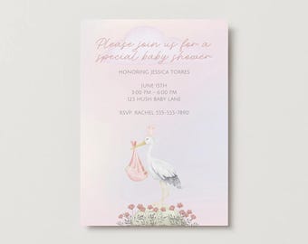 Baby Girl Stork Invitation | Baby Shower | It&#39;s a Girl | Announcement | Pink Invitation | Elegant Invitation | Canva Template