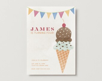 Ice Cream Invitation | Birthday Invite | Boy Birthday | Girl Birthday | Party Invitation | Modern, Minimal Design | Canva Template