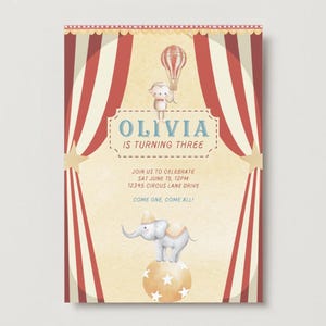 Circus Invitation | Birthday Invite | Baby Girl | Baby Boy | Toddler Birthday | Elephant Invite | Minimal, Modern Design | Canva Template
