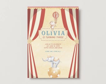 Circus Invitation | Birthday Invite | Baby Girl | Baby Boy | Toddler Birthday | Elephant Invite | Minimal, Modern Design | Canva Template