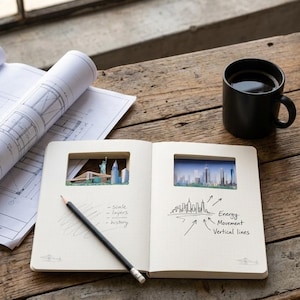 May include: Open notebook with 3D pop-up cityscapes of New York City. A pencil rests on the page with handwritten notes about scale, layers, and history. A black mug of coffee and architectural blueprints are also visible.