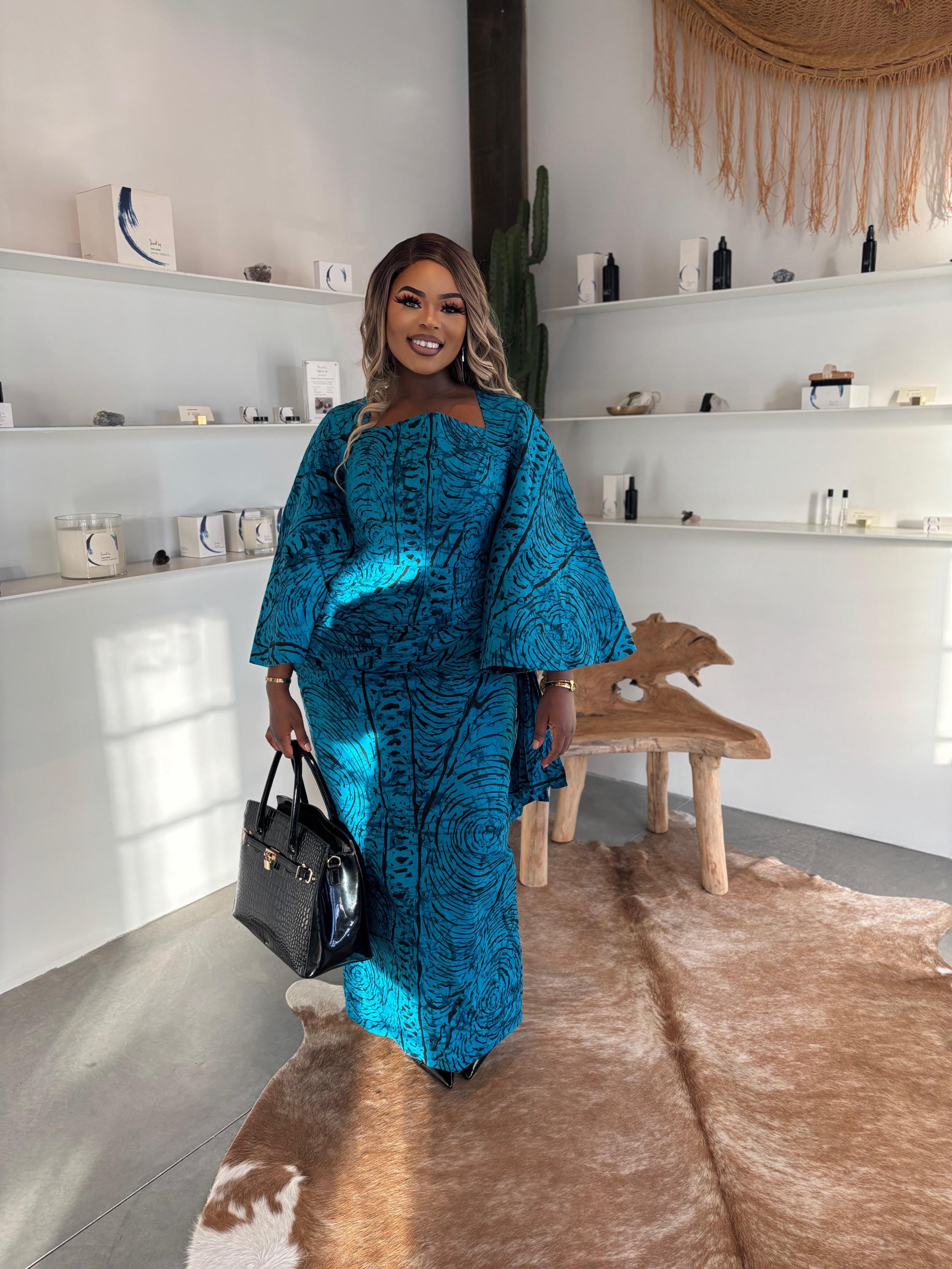 Stunning Turquoise Blue and Black Ankara Kaftan Dress – Made to Order