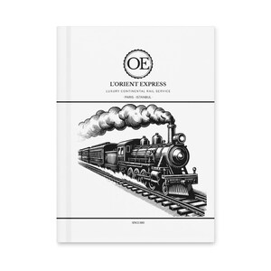 Puede incluir: Una portada de libro blanca con una ilustración en blanco y negro de un tren de vapor. El texto dice "L'ORIENT EXPRESS LUXURY CONTINENTAL RAIL SERVICE PARIS - ISTANBUL" y "SINCE 1883". Un logotipo circular con "OE" está en la parte superior.
