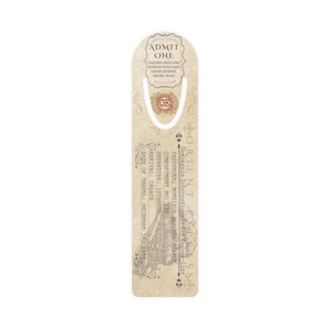 May include: A bookmark with a vintage design, resembling an old train ticket. It features the text "ADMIT ONE" and details of a journey, including "ORIENT EXPRESS". The bookmark has a cream and brown colour scheme with decorative elements.