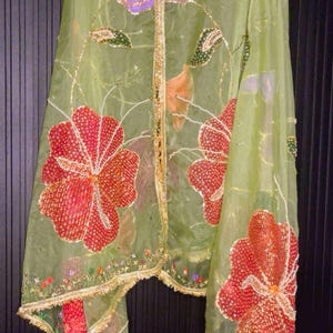 May include: A sheer, light green shawl with large, red beaded floral designs. The shawl features gold trim along the edges and a central gold beaded line. Additional colorful floral and leaf accents are scattered across the fabric.