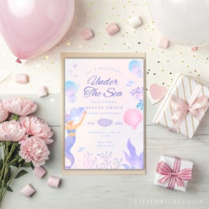 Verjaardagsuitnodiging zeemeermin voor meisje, Under the Sea-thema, direct downloaden, bewerkbaar canvas, kleine zeemeermin, GRATIS bedankkaart, paars.