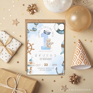 Modello per il primo compleanno nautico, invito modificabile per il compleanno di un marinaio, festa dell'orsacchiotto blu oceano, download digitale stampabile GRATUITO grazie