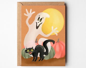 Whimsical Halloween Card: Black Cat, Ghost & Pumpkins