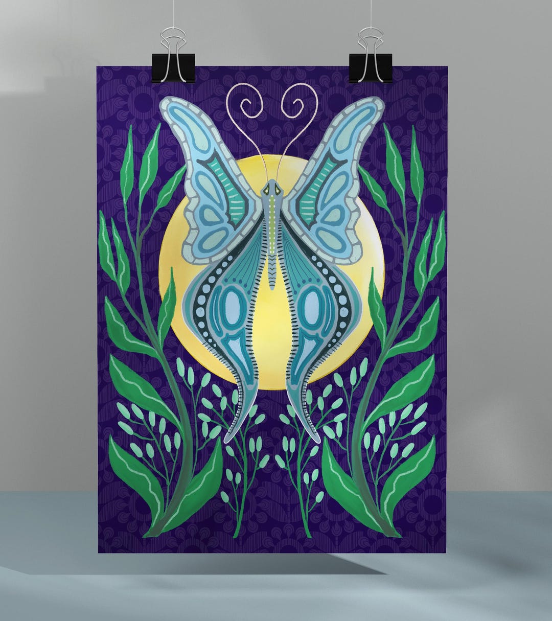 Butterfly Moon Art Print, Boho Botanical Wall Art, Moth Illustration ...