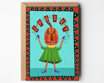 Spooky Girl Pumpkin Head Halloween Card: Quirky Kids Design