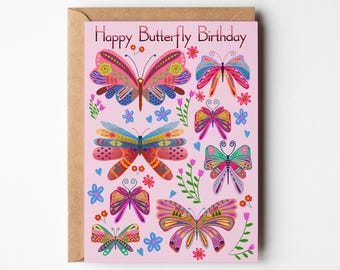 Butterfly Birthday Card: Colorful Folk Art, Bohemian Style