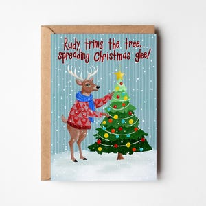 Reindeer Christmas Card, Rudy Trims the Tree, 5x7 Holiday Greeting Card,  Cute Animal Xmas Card, Bright Holiday Card, Santa&#39;s Reindeer Card