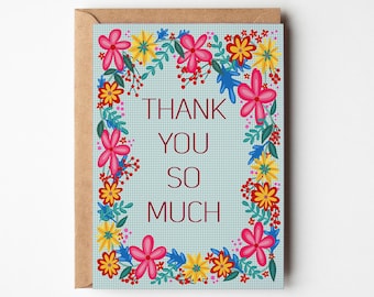 Floral Thank You Card: Bright Folk Art Flower Greeting, Gratitude note, thankful