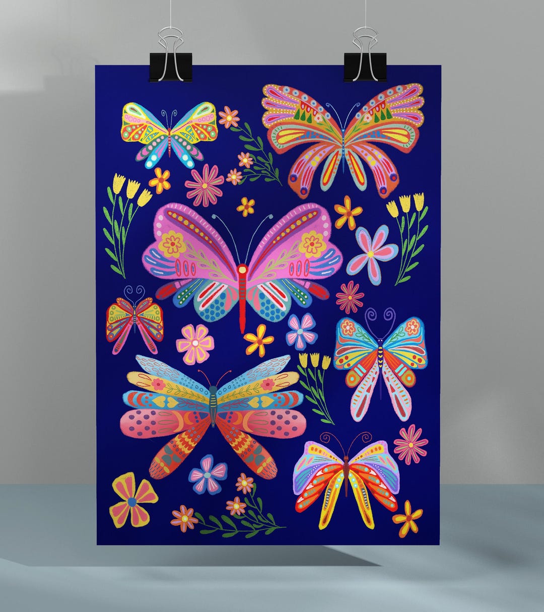 Colorful Butterfly Garden Art Print, Vibrant Folk Art Floral and ...