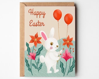 Easter Bunny Card for anyone, celebrate with Rabbit, Balloons and Spring Blooms