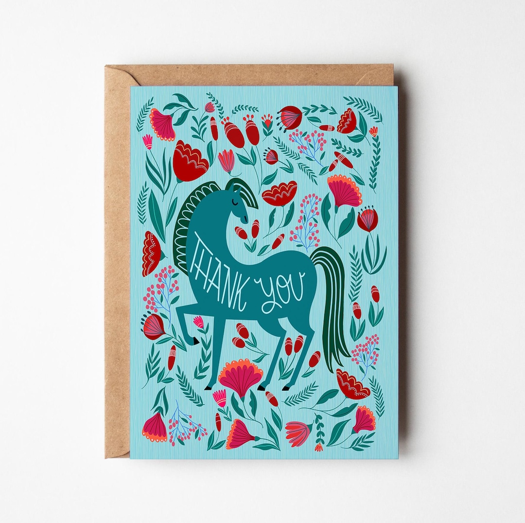 Folk Art Horse Thank You Card: Whimsical Floral Greeting - Etsy