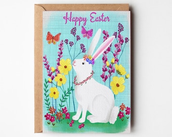 Floral Bunny Easter Card: Springtime Greeting with Kraft Envelope, Spring Pastel card