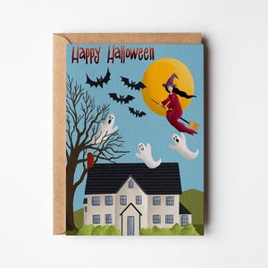 Haunted House Halloween Card: Witch, Ghosts & Bats - 5x7 Greeting Card