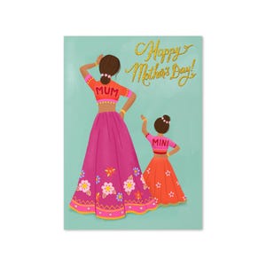 Hand gezeichnete Mutter und Tochter tanzen | Muttertagskarte | Desi Mum & Mini | Muttertagskarte Indian