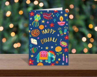 May include: A greeting card with a dark blue background featuring the gold text HAPPY DIWALI. The design includes colorful illustrations of an elephant, a diya lamp, marigold flowers, firecrackers, sweets, and star shapes scattered across the surface.
