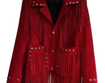 Red Suede Cowgirl Jacket: Fringe Detail, Silver Accents, Genuine Leather