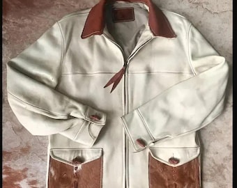 Men's White Leather Western Fringe Jacket: Vintage Cowboy Style