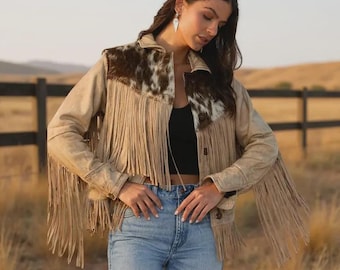 Veste en cuir western chic à franges pour femme - « parfaite » pour une ambiance country