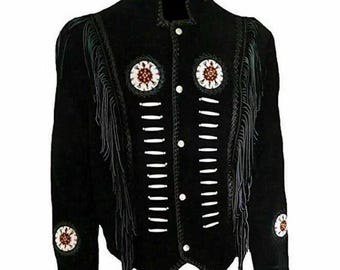 May include: Black suede jacket with white stitching, fringe, and circular embroidered details. The jacket has a mandarin collar and button closure. The design includes white vertical lines and circular embroidered details with red and white accents.