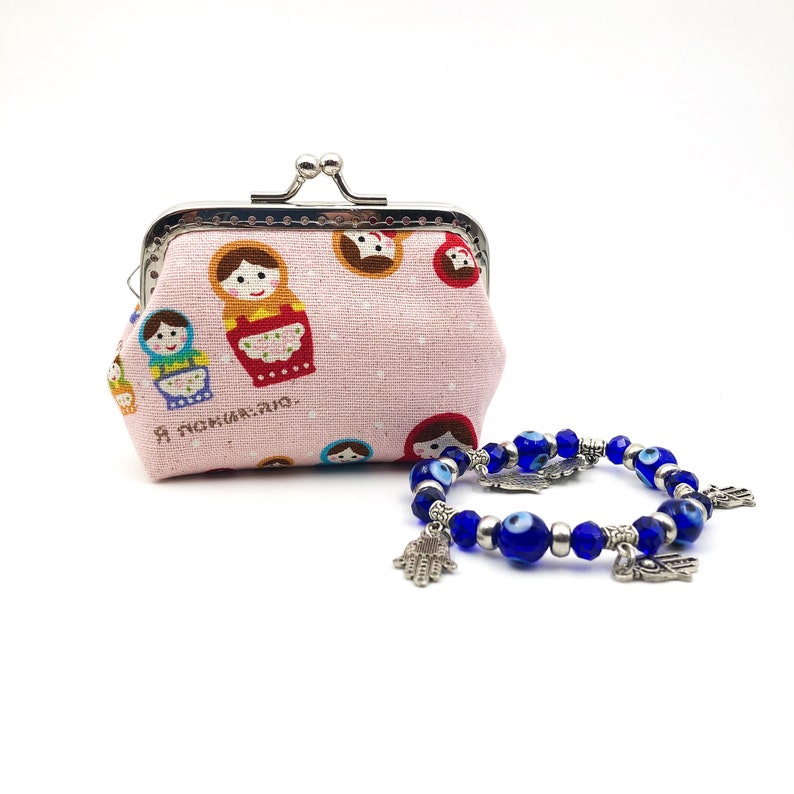 Coin Purse Framed Purse Clasp Purse Kisslock Purse Polka Dots Russian Dolls in Pink