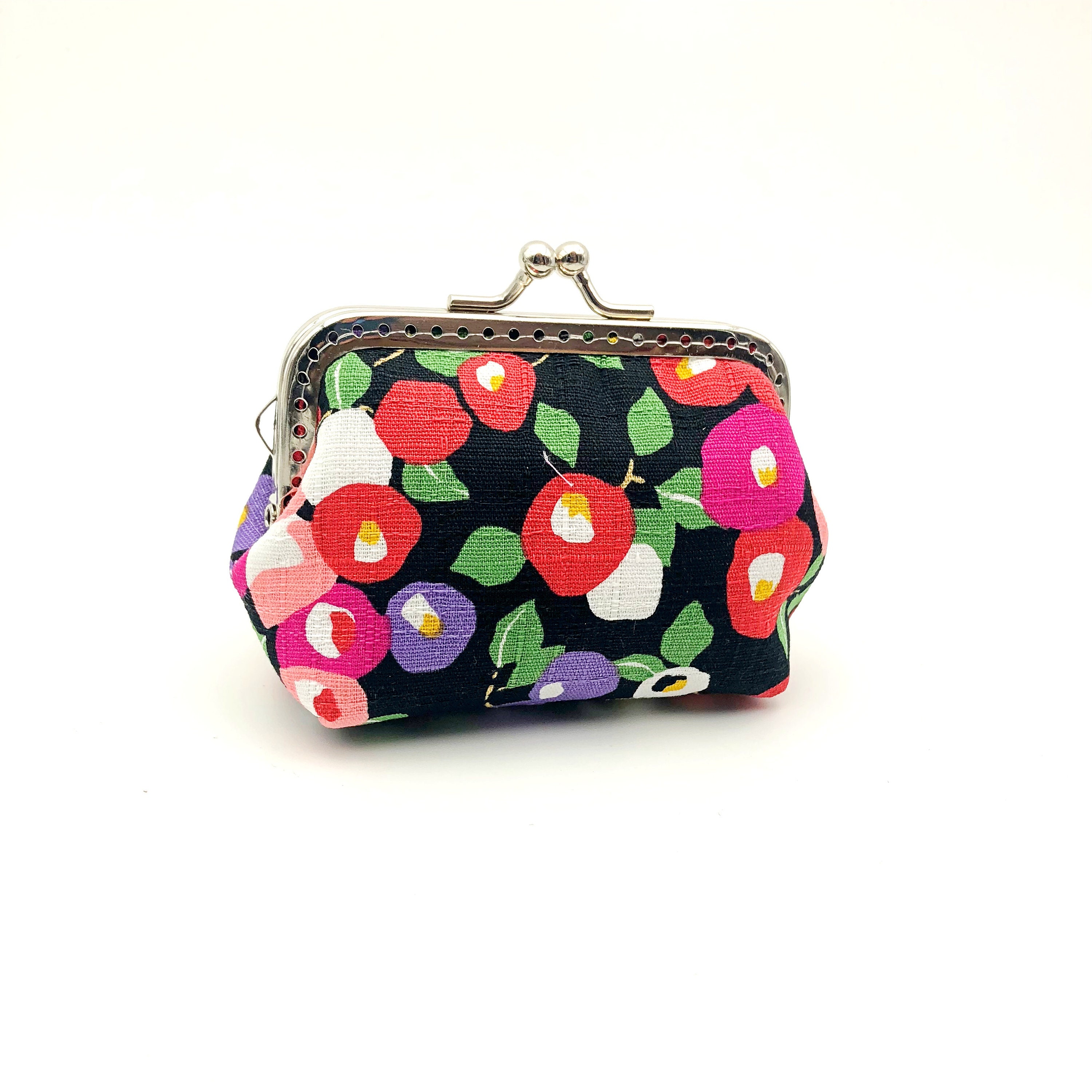 Flower Coin Purse, Floral Fabric Black, Kiss Lock Clutch, Clasp