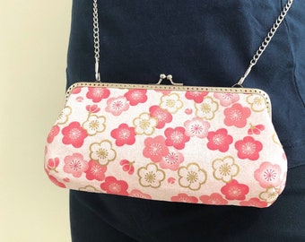 Kiss Lock Crossbody Bag, 2 way Shoulder Bag, Japanese Cotton Fabric, Pink Japanese Flowers, Sakura, Gift for Her