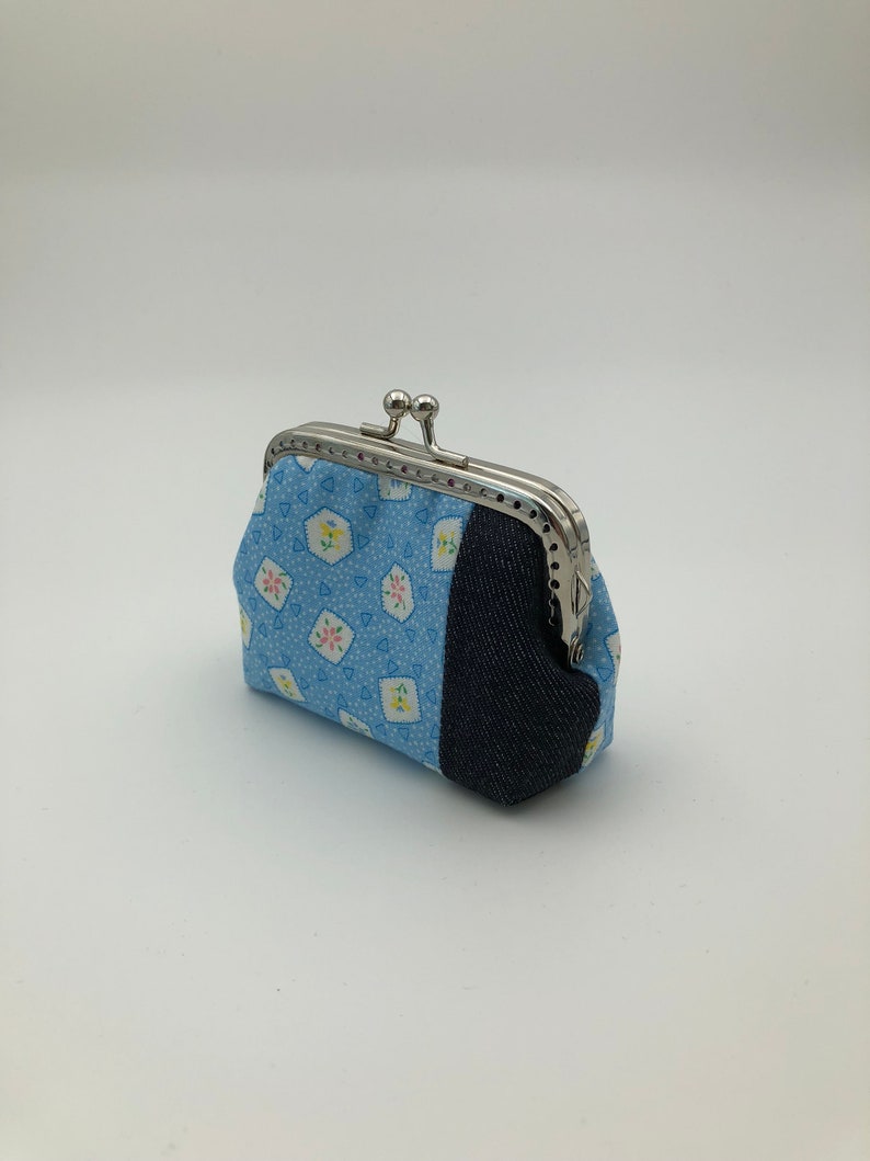 Blue Floral with Patched Denim Free Shipping Coin Purse Framed Purse Clasp Purse Kisslock Purse
