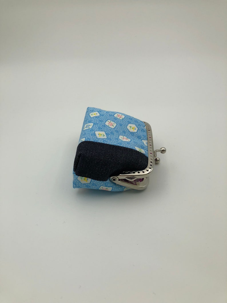 Blue Floral with Patched Denim Free Shipping Coin Purse Framed Purse Clasp Purse Kisslock Purse