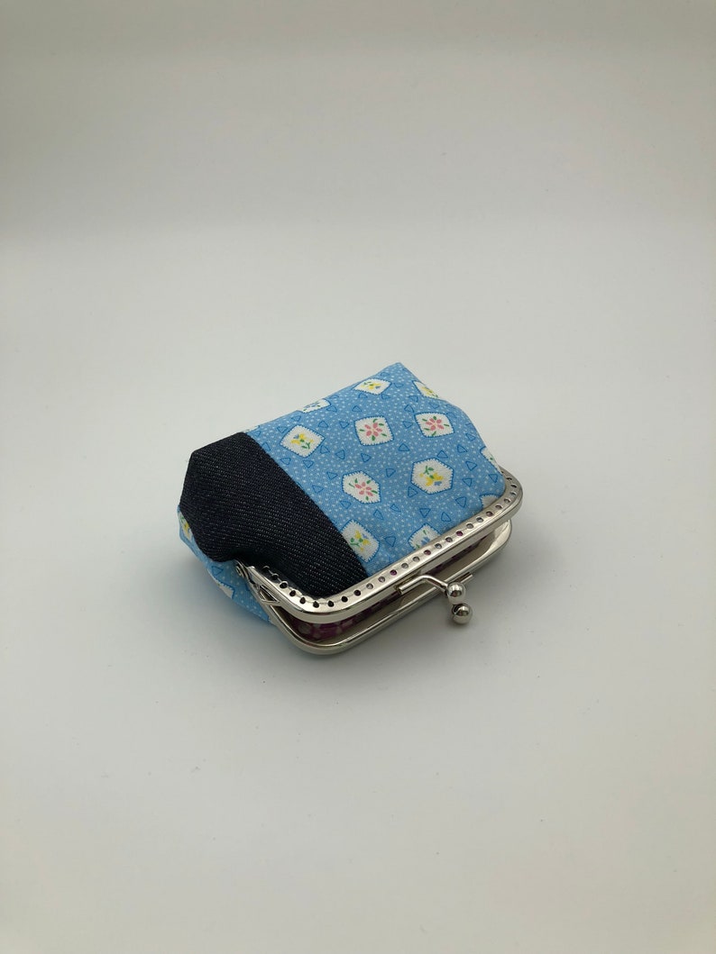 Blue Floral with Patched Denim Free Shipping Coin Purse Framed Purse Clasp Purse Kisslock Purse