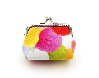 Kiss Lock Coin Purse, Click Coin Purse, Japanese Cotton Fabric, Colourful Fur in Red and Yellow, Gift for Her