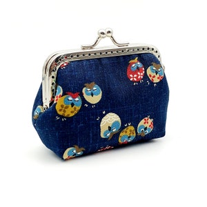 Porta-moedas Kisslock / Porta-moedas com fecho / Carteira de mudança - Pássaro Coruja Azul Japão