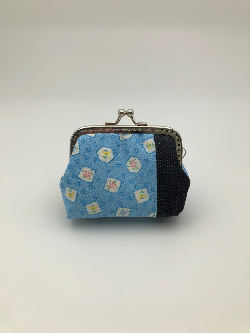 Blue Floral with Patched Denim Free Shipping Coin Purse Framed Purse Clasp Purse Kisslock Purse