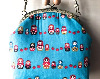 Kiss Lock Crossbody Bag, 2 Way Shoulder Bag, Japanese Cotton Fabric, Blue Russian Dolls, Gift for Her