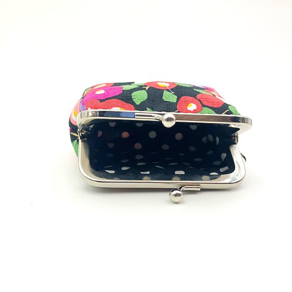 Flower Coin Purse, Floral Fabric Black, Kiss Lock Clutch, Clasp
