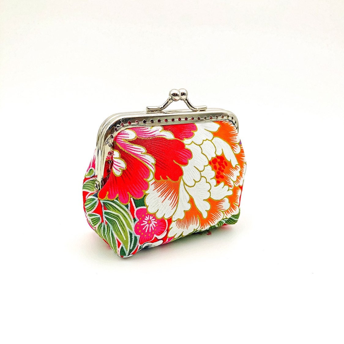 Chinese Coin Purse, Chinese Flower Print, Red Floral Fabric, Kiss