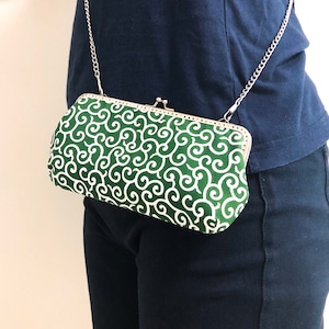 Kiss Lock Shoulder Bag, Crossbody Handbag, Japanese Cotton Fabric, Green Karakusa, Gift for Her