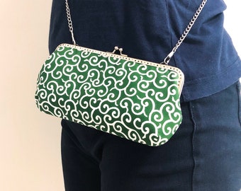 Kiss Lock Shoulder Bag, Crossbody Handbag, Japanese Cotton Fabric, Green Karakusa, Gift for Her