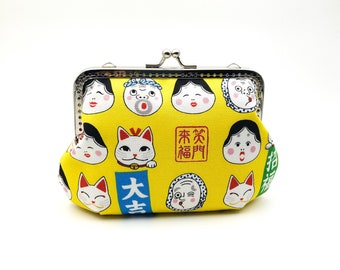 Medium Kiss Lock Coin Purse, Two Way Crossbody Bag, Fabric Cosmetic Pouch, Japan Lucky Cat & Smile Face, Gift for Mother