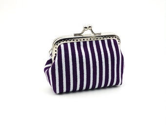 Coin Purse Clasp, Kiss Lock Change Purse, Metal Frame Bag, Purple Stripe Fabric, Thanksgiving Gift for Kids, Christmas Gift for Women