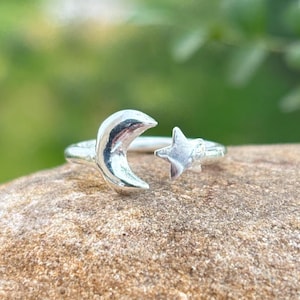 Sterling Silver Crescent Moon & Star Ring | Dainty Celestial Ring | Minimalist Moon Star Ring for Women | Handmade Boho Jewelry