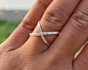 Handmade Silver Crossover Ring: Adjustable Criss Cross Jewelry 
