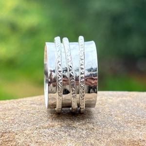 Triple Spinner Sterling Silver Ring | Handmade Wide Band Fidget Ring | Textured Anxiety Meditation Ring for Men & Women
