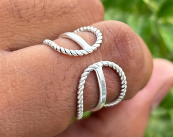 Anillo ajustable de plata de ley 925 con cuerda trenzada / Estilo bohemio minimalista