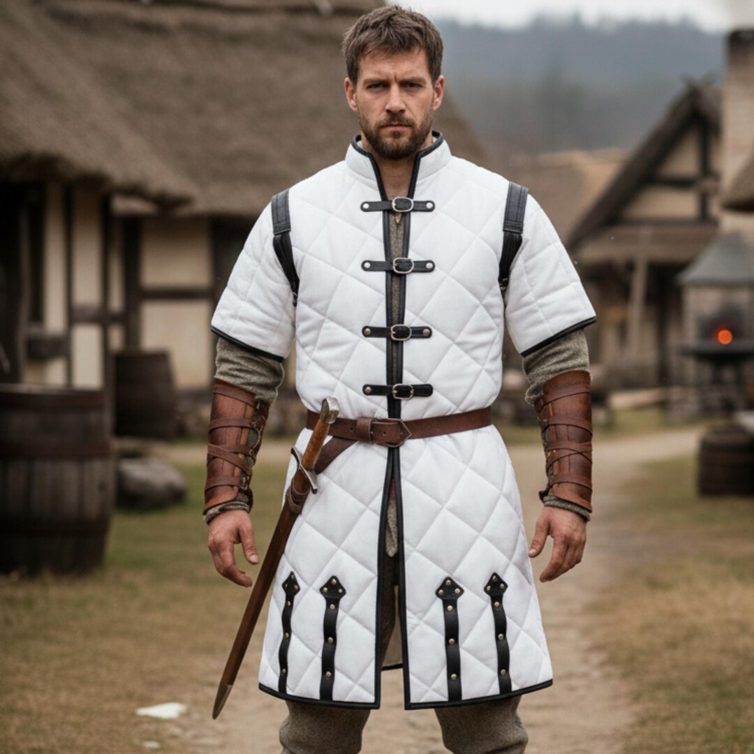 Sca Jacket Handmade Padded Gambeson Armor Jacket, Leather Trim, Viking LARP ...